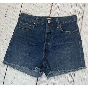 Levi’s Ribcage High Waist Blue Jean Shorts Button Fly Cut Off Frayed Hem 29